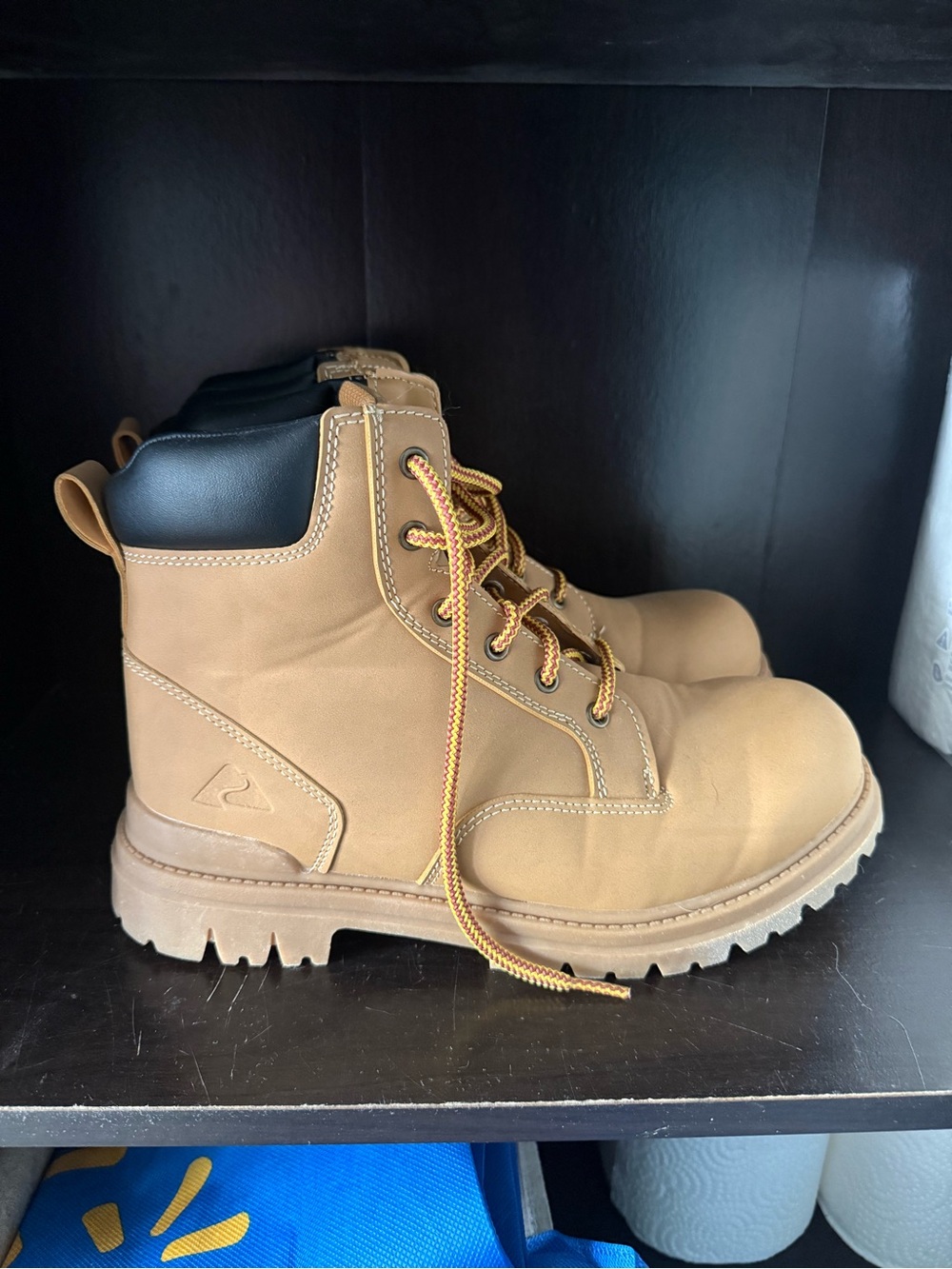 Ozark Trail Tan Work Boots with Black Collar and Yellow-Trim Laces